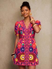 Travachic V-Neck Short Sleeve Fitted Mini Dress For Women - Multicolor - View 5