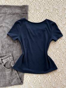 Franclia Áo thun nữ dáng casual màu trơn thắt nơ phía trước - Màu xanh hải quân - Xem 4