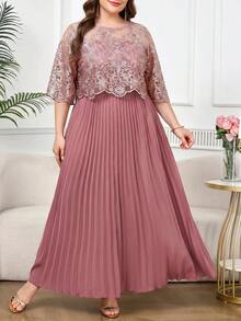Reflora Plus Size Elegant Party Embroidered Mesh Patchwork Dress - Pink - View 6