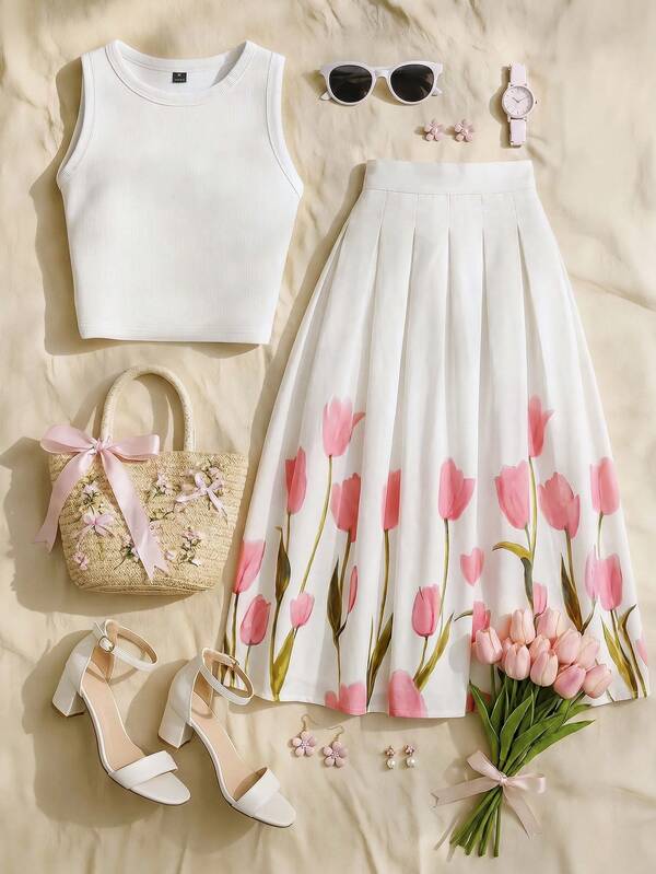 Ellevyn Conjunto de top sin mangas y falda midi con tulipán, elegante para vacaciones