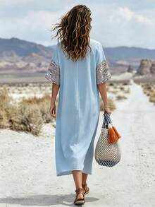SHEIN LUNE Casual Comfortable Bohemian Style V-Neck Loose Long Dress For Women - Gray Blue - View 2