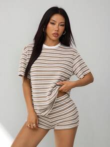 SHEIN PETITE 2件組女款條紋圓領T恤與鬆緊腰長褲，藍白條紋，夏季休閒早午餐居家度假套裝，適合嬌小女性 - 彩色 - 查看 4