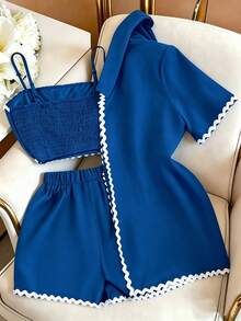 GlowEve 3 Potong Setelan Pakaian Liburan Wanita: Kemeja dengan Sabuk Motif Patchwork, Tank Top Camisole, dan Celana Pendek - Royal Blue - View 2
