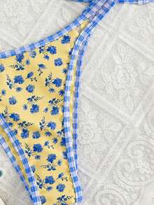Swim Mod 春夏新款欧美甜美花卉撞色格纹双面两件式泳衣套装，带抽绳，高衩丁字裤，黄色碎花撞色滚边加垫聚拢性感比基尼泳衣，适合海滩、泳池、生日派对等场合。格纹比基尼花朵套装，夏季配套花朵泳衣，度假比基尼，日光浴比基尼，花卉比基尼，黄色比基尼图案比基尼。 - 彩色 - 查看 5