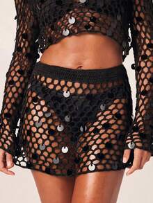 MISSGUIDED Crochet Mini Skirt Cover-Up With Sequin Disc Embellishments And Sheer Open Knit Design For Beach Summer - Black - View 1