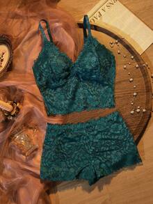 SHEIN Bộ 2 áo camisole ren gợi cảm và áo ngực không gọng - màu xanh lá - Xem 3