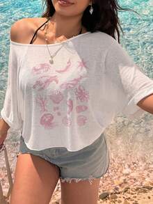 SHEIN EZwear 大尺碼女款夏季海灘度假海鮮與動物印花不對稱領寬鬆T恤 - 粉色 - 查看 1
