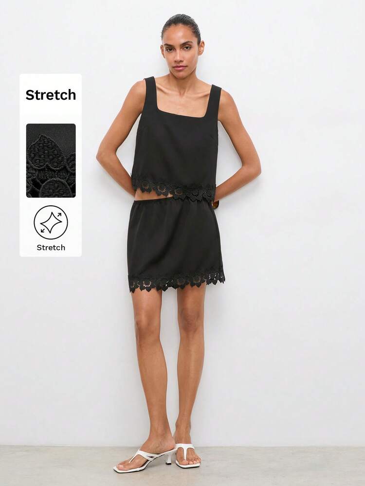 SHEIN Maija Women's Elegant Black Summer 2 Pieces Set,Lace Patchwork Square Neck Camisole & Mini Skirt,Casual Brunch Outfits,Beach Vacation Holiday Clothes