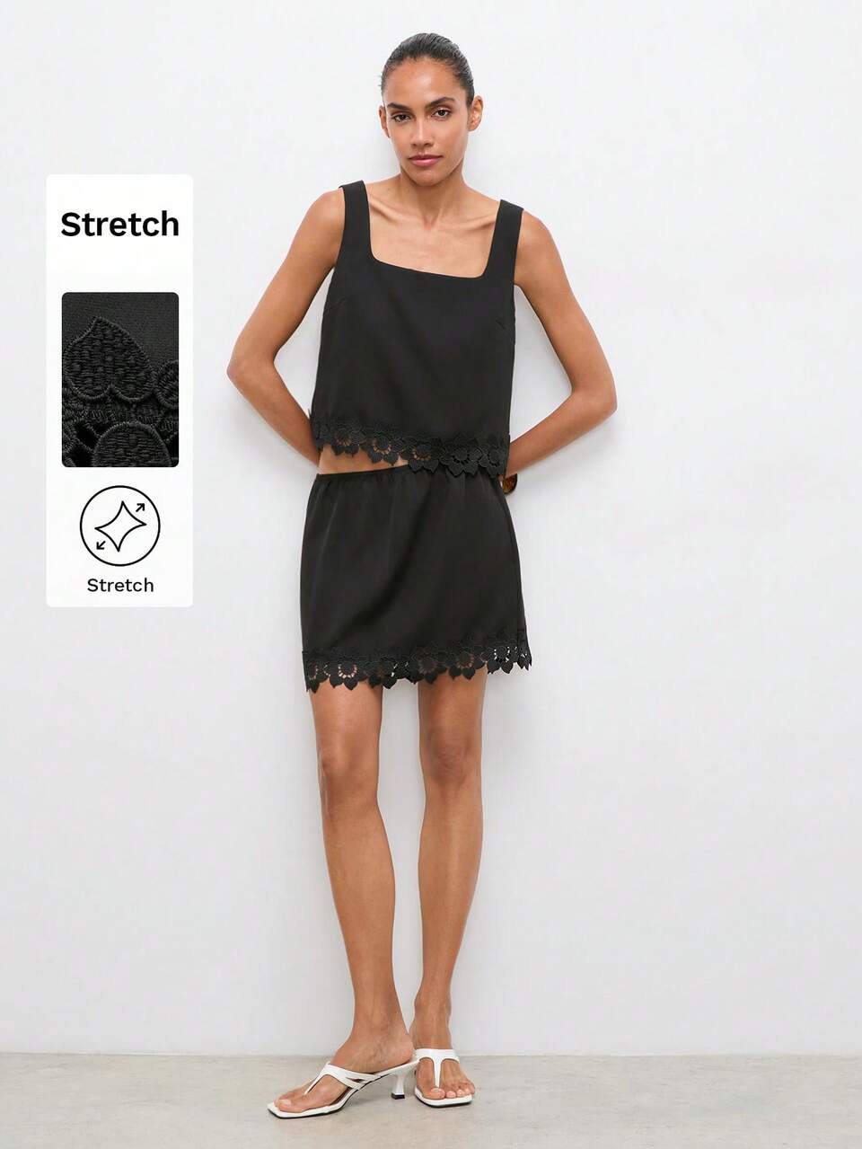 SHEIN Maija Women's Elegant Sexy Pastal Summer 2 Pieces Set, Lace Patchwork Square Neck Camisole Mini Skirt, Casual Brunch Outfits, Beach Golf Vacation Clothes