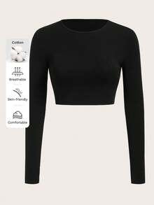 Tseoso Women Solid Color Round Neck Long Sleeve Crop Fit Casual T-Shirt - Black - View 7