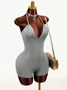 Mistrie Women's Deep V-Neck Fashionable Halter Denim Jumpsuit - Light Grey - View 7