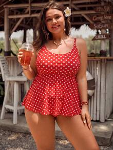 SHEIN Swim 大尺碼女款 2 件式碎花細肩帶開衩泳裝，優雅海灘度假坦克尼 - 紅白色 - 查看 3