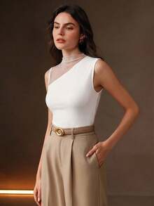 Anewsta White,Summmer,Elegant,Night Out Sheer Mesh Patchwork Sleeveless Knit Tank Top For Women,Fashion Casual Stretchy Fitted Outdoor Party Holiday - White - View 4