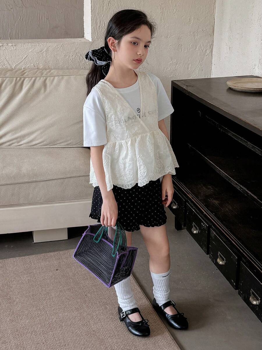Dazy Kids 少女花卉刺繡荷葉邊無袖上衣 夏季 - 杏色 - 查看 1