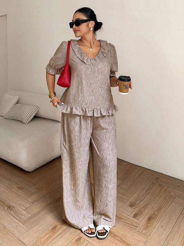 Dazy Plus Conjunto de 2 piezas de top holgado casual y pantalones de pierna ancha con dobladillo con volantes para vacaciones de verano para mujeres