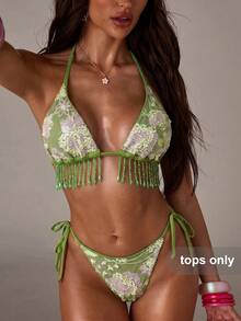 SHEIN BAE 女款夏季海灘派對度假花卉亮片流蘇設計性感掛脖比基尼上衣 節慶綠 - 綠色 - 查看 6