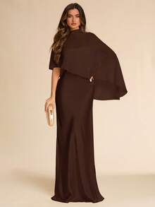 SHEIN BAE 2 Pieces Set: Satin Chiffon Shawl & Light Yellow Dress, Luxury Elegant Evening Gown For Formal Occasions, Spring/Summer - Coffee Brown - View 1