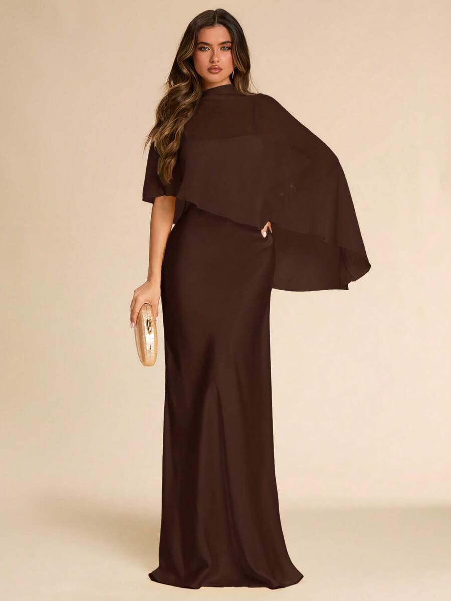SHEIN BAE 2 Pieces Set: Satin Chiffon Shawl & Light Yellow Dress, Luxury Elegant Evening Gown For Formal Occasions, Spring/Summer - Coffee Brown - View 1