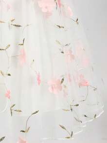 SHEIN Glamorique Kids 少女優雅迷人粉色可愛泡泡袖收腰奢華雙層刺繡網紗蓬蓬裙 - 白色 - 查看 4
