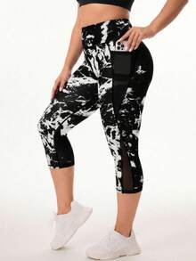 SHEIN Rhythm Era Plus Size Fashion All-Over Print Mesh Pocket 3/4 Yoga Pants - Multicolor - View 5