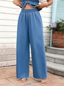 Breezaya Set de top casual din denim fără mâneci cu legătură în față și pantaloni pentru femei - Albastru - Vizualizare 9