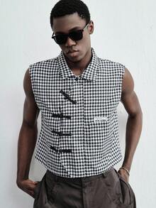 ROMWE MEN Street Life 2026 Men's Houndstooth Casual Frog Button Vest - Black and White - View 1
