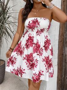 SHEIN VCAY 大码女士度假风碎花无肩带连衣裙 - 紅色 - 查看 3