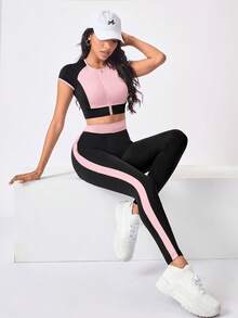 SHEIN Rhythm Era 2件組休閒百搭大尺碼拉鍊設計字母印花修身褲運動套裝 - 彩色 - 查看 1