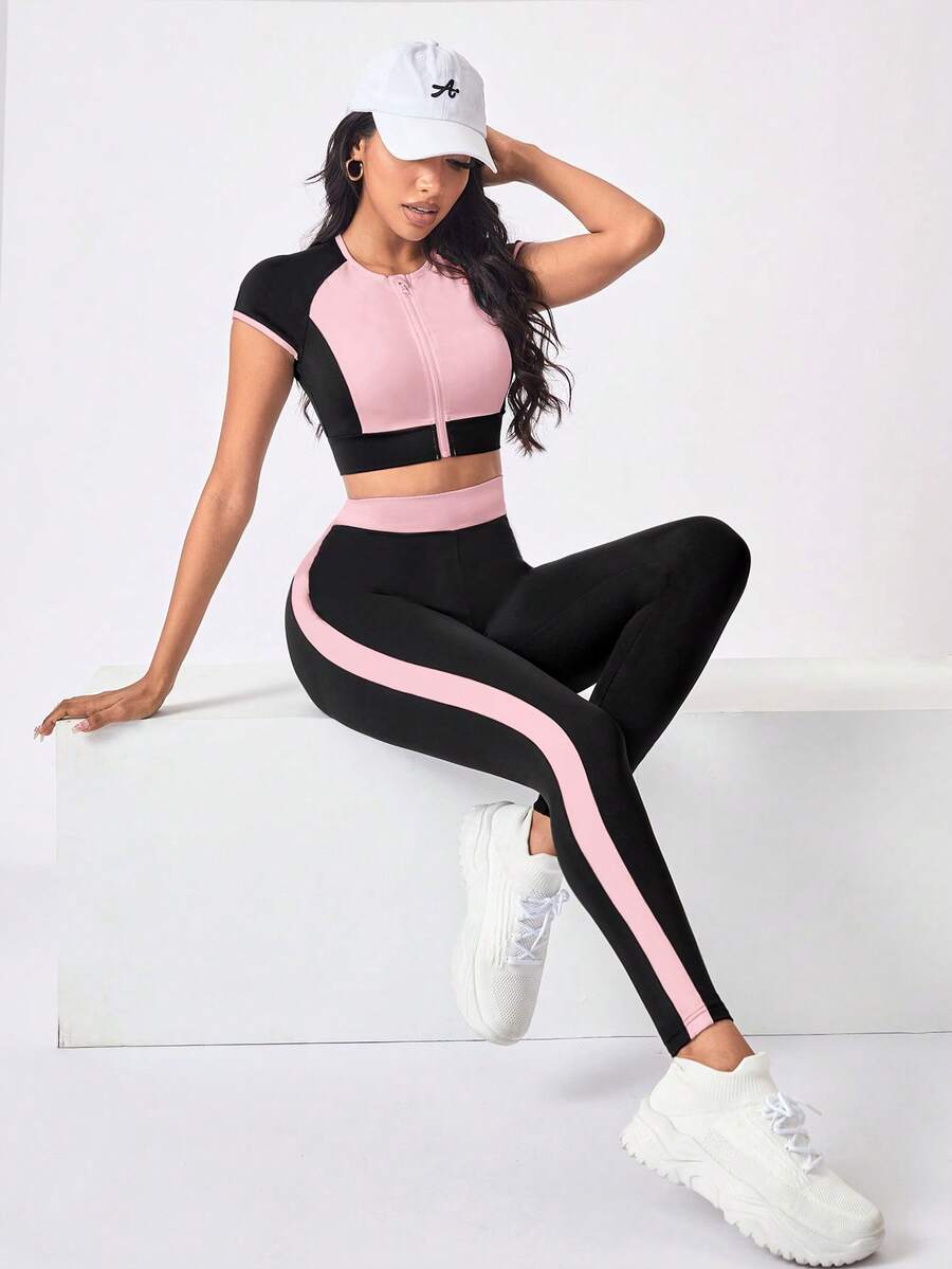 SHEIN Rhythm Era 2件組休閒百搭大尺碼拉鍊設計字母印花修身褲運動套裝 - 彩色 - 查看 1