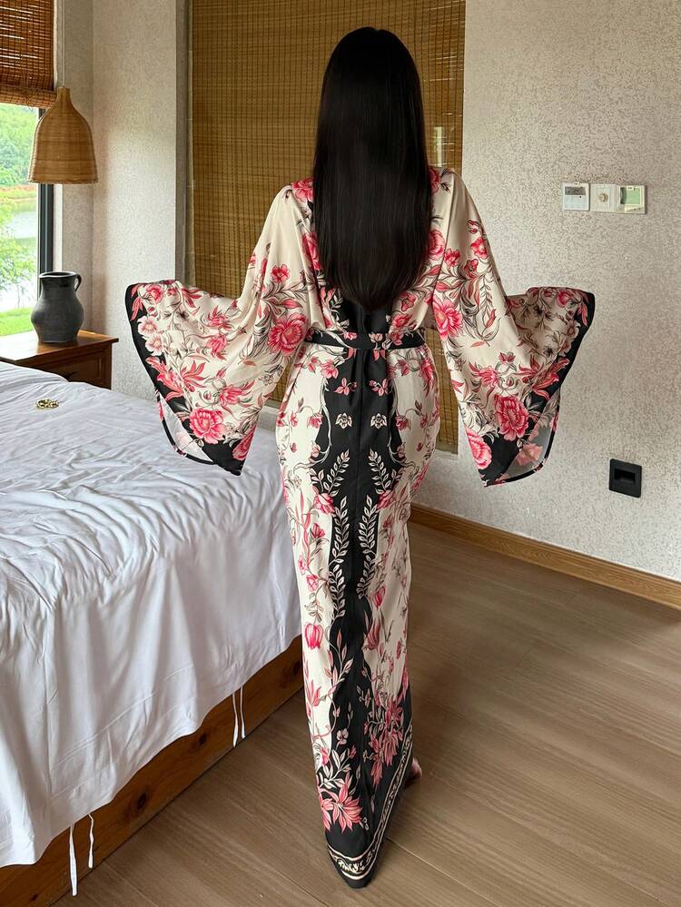 Floral Pattern Loose Tie-Waist Long Cardigan Robe, Women Sleepwear Outerwear