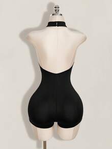 SHEIN ICON Women's Rhinestone Decor Halter Neck Romper Unitard - Black - View 2