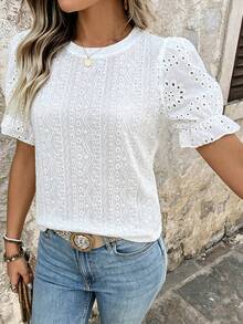 SHEIN Holidaya Camiseta de manga corta de unicolor y textura casual y versátil - Blanco - Ver 3