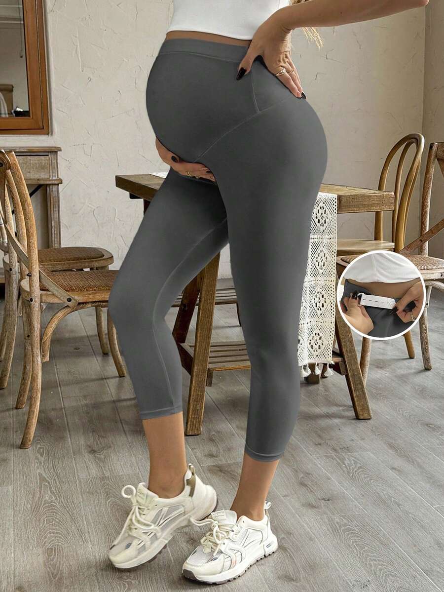 SHEIN 孕妇紧身裤,哺乳妈妈紧身裤,高弹不透明瑜伽运动托腹裤,适合春季、夏季及所有季节 - 深灰色 - 查看 1