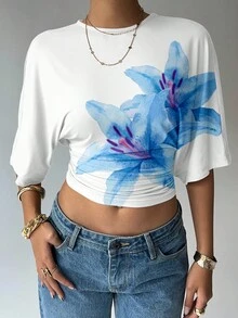 Aloruh Women's Solid Color Round Neck Batwing Sleeve Ruched Design Cropped Fashionable Top - White - View 3