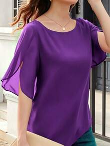 Tropvida Women's Solid Color V-Neck Short Sleeve Fashionable Blouse - Purple - View 1
