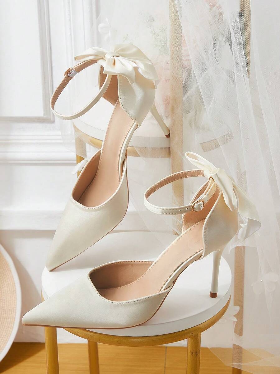 CUCCOO HITCHD Zapatos de mujer primavera y verano con decoración de lazo, punta con hebilla y tacón de aguja, estilo elegante de satén, sandalias de tacón alto para mujer para banquetes, fiestas, citas, ir al trabajo, compras, bodas, festivales y regalos - Beige 5 - Ver 1