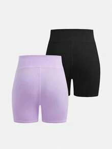 SHEIN 青少年女孩 2件組純色貼身運動短褲，舒適口袋設計，適合日常健身、運動、跑步、戶外活動，夏季適用 - 彩色 - 查看 2