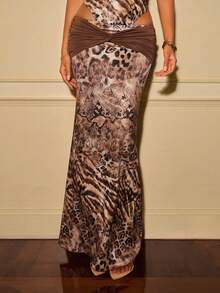 SHEIN ICON Summer Women's Western Holiday Fashion Sexy Animal Print Twisted Knot Fishtail Skirt Party Brown - Multicolor - View 7