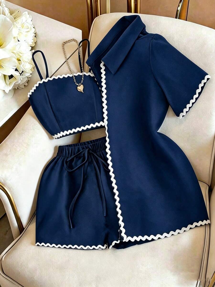 GlowEve Bộ 3 áo dây màu tương phản thường ngày mùa hè cho nữ, quần short và áo sơ mi - Màu xanh hải quân - Xem 1