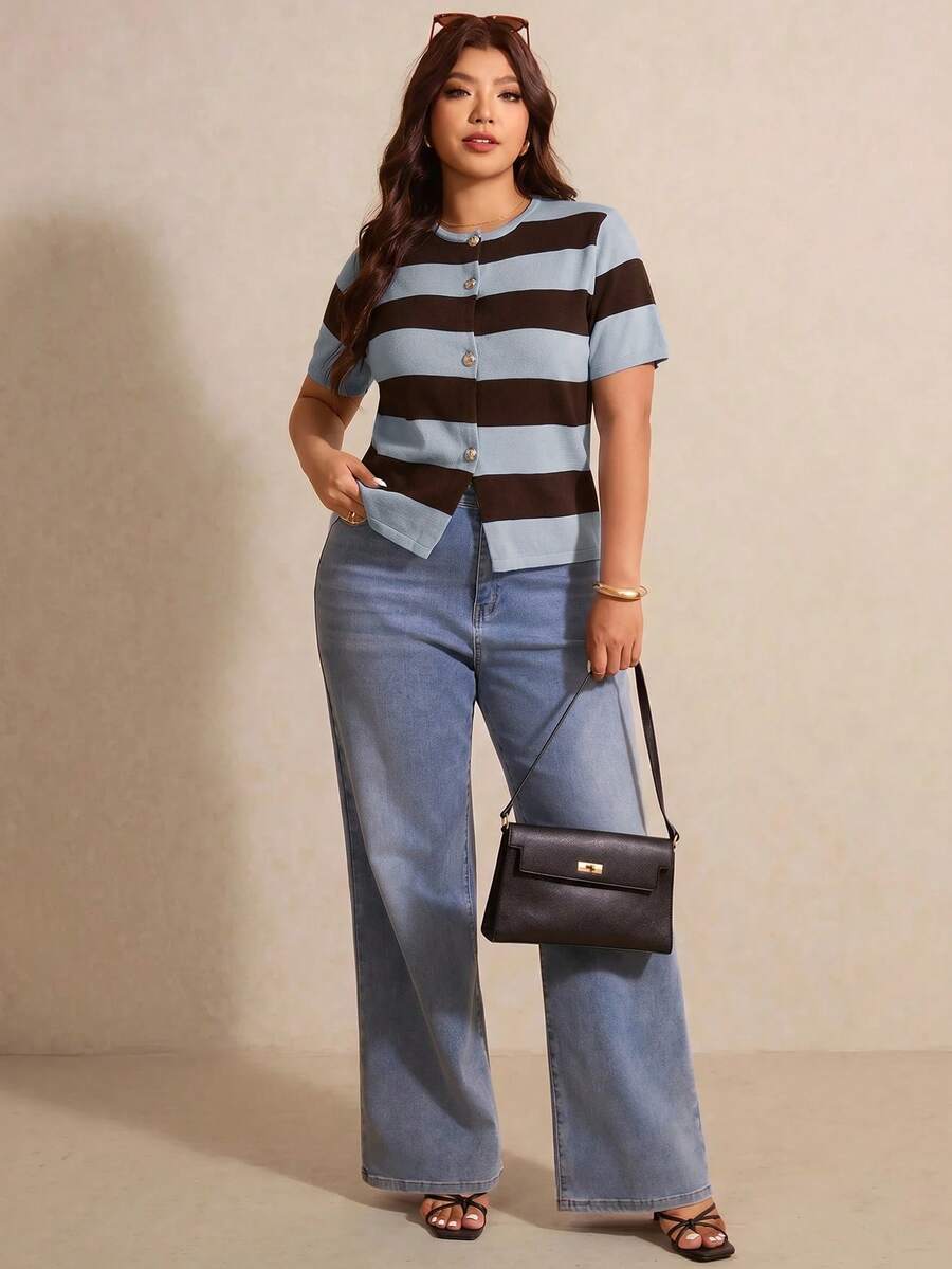 Elaquor Blusa de punto de manga corta con bloques de color y rayas para tallas grandes