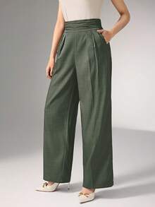 Heiryn Pleated High Waist Elegant Commuter Wide Leg Pants In Fall/Winter - Army Green - View 4