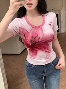 Modelyn 花卉印花撞色蕾丝短袖性感休闲T恤，适合夏季度假 - 粉色 - 查看 7