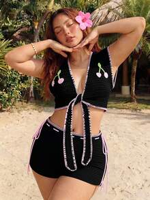 Sweetness Cherry Embroidered Soft Cropped Top And Mini Shorts 2 Pieces Set, Suitable For Beach Vacation, Plus Size Pink Black And White Summer - Black - View 1