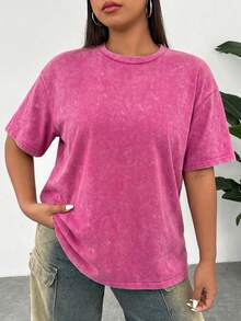 Solflare Plus Size Acid Washed Look Vintage Knitted Distressed Loose Fit Short Sleeve T-Shirt, Rose Red - Hot Pink - View 3