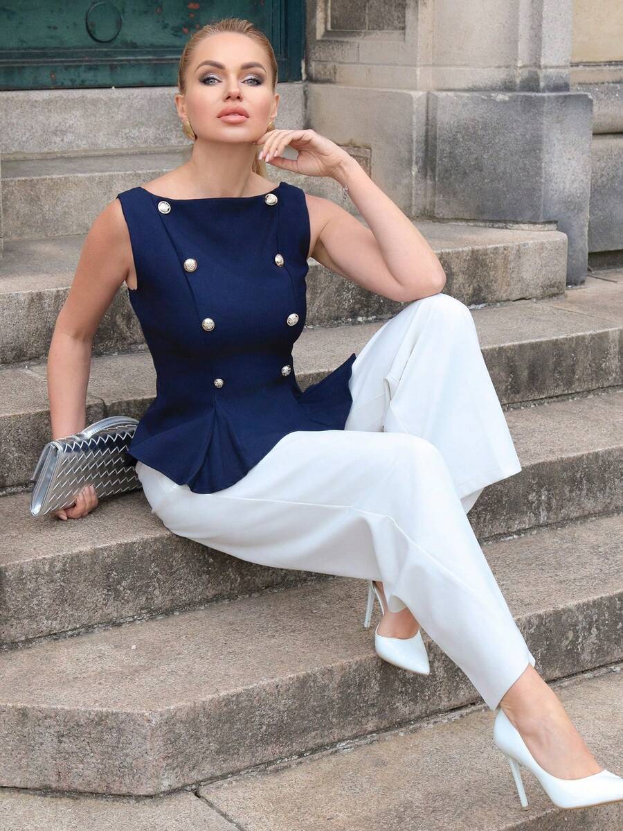 Elenary Edit Women's Elegant Button Decor Waist Ruffle Hem Blouse, Summer,Summer Top - Navy Blue - View 1