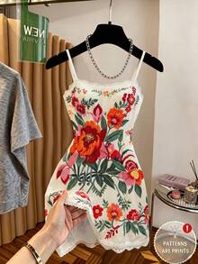 Vestido de mujer blanco con estampado de bordado floral, sin mangas, con tirantes finos, estilo boho para verano, vacaciones y fiestas, con ribete de encaje y cintura ceñida, elegant - Multicolor - Ver 4