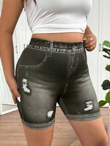 SHEIN Frenchy Quần legging màu xanh dương cỡ lớn dành cho nữ, trang phục thường ngày thời trang, chất liệu co giãn thoải mái. - Xám - Xem 4