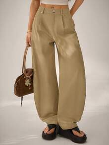 SHEIN PETITE Women's Loose Solid Color Harem Pants With Pockets, Casual Spring/Summer Style - Khaki - View 2