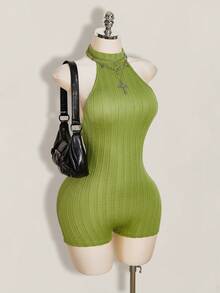 SHEIN ICON 女士黑色露背吊带紧身高领休闲连体裤 - 軍綠色 - 查看 6