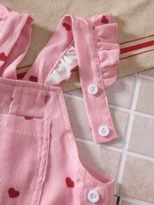 SHEIN Vintaside Kids 1件女嬰休閒可愛粉色愛心吊帶連身褲，適合外出與派對，燈芯絨面料 - 紅色 - 查看 3